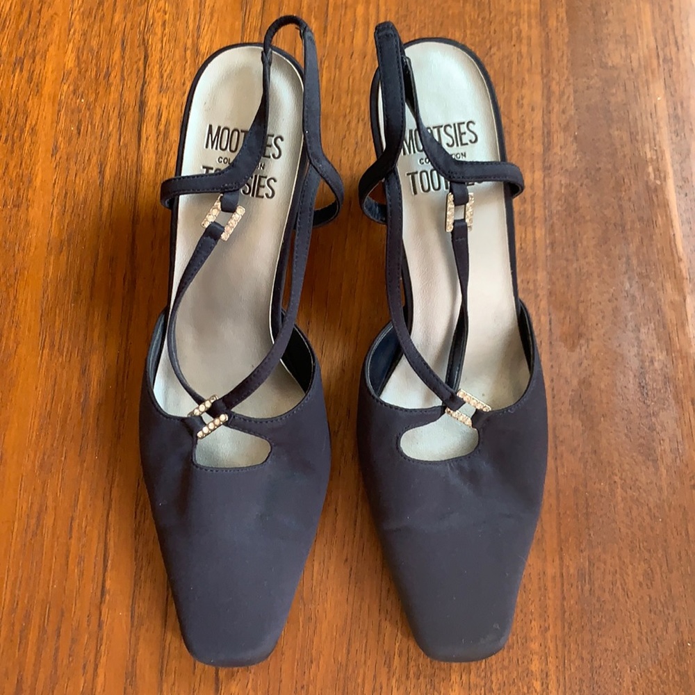VTG square toe navy satin rhinestone sling backs 7